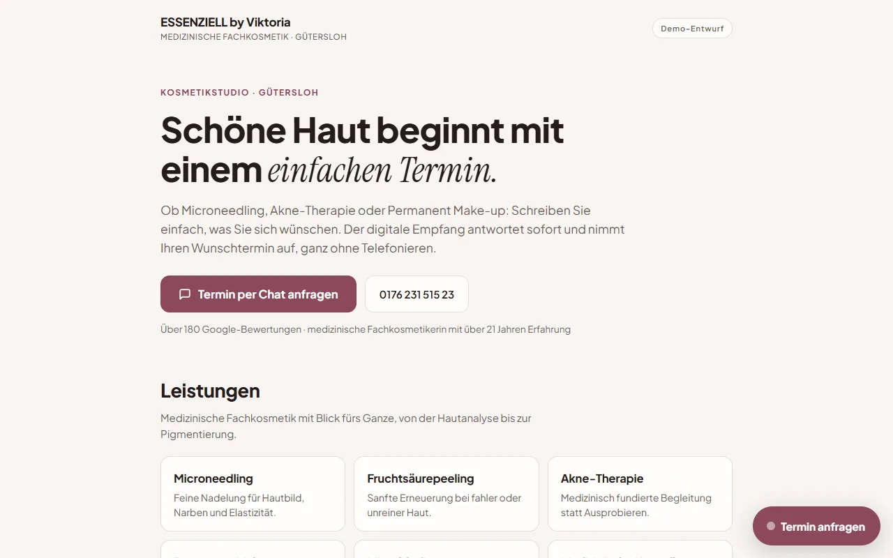 Startansicht der Demo für ein Kosmetikstudio