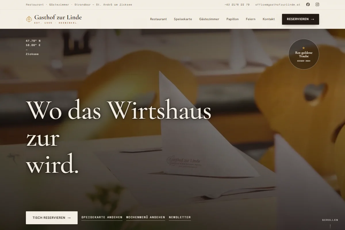 Startseite von gasthofzurlinde.at: Wirtshaus-Motiv mit der Zeile „Wo das Wirtshaus zur Heimat wird.