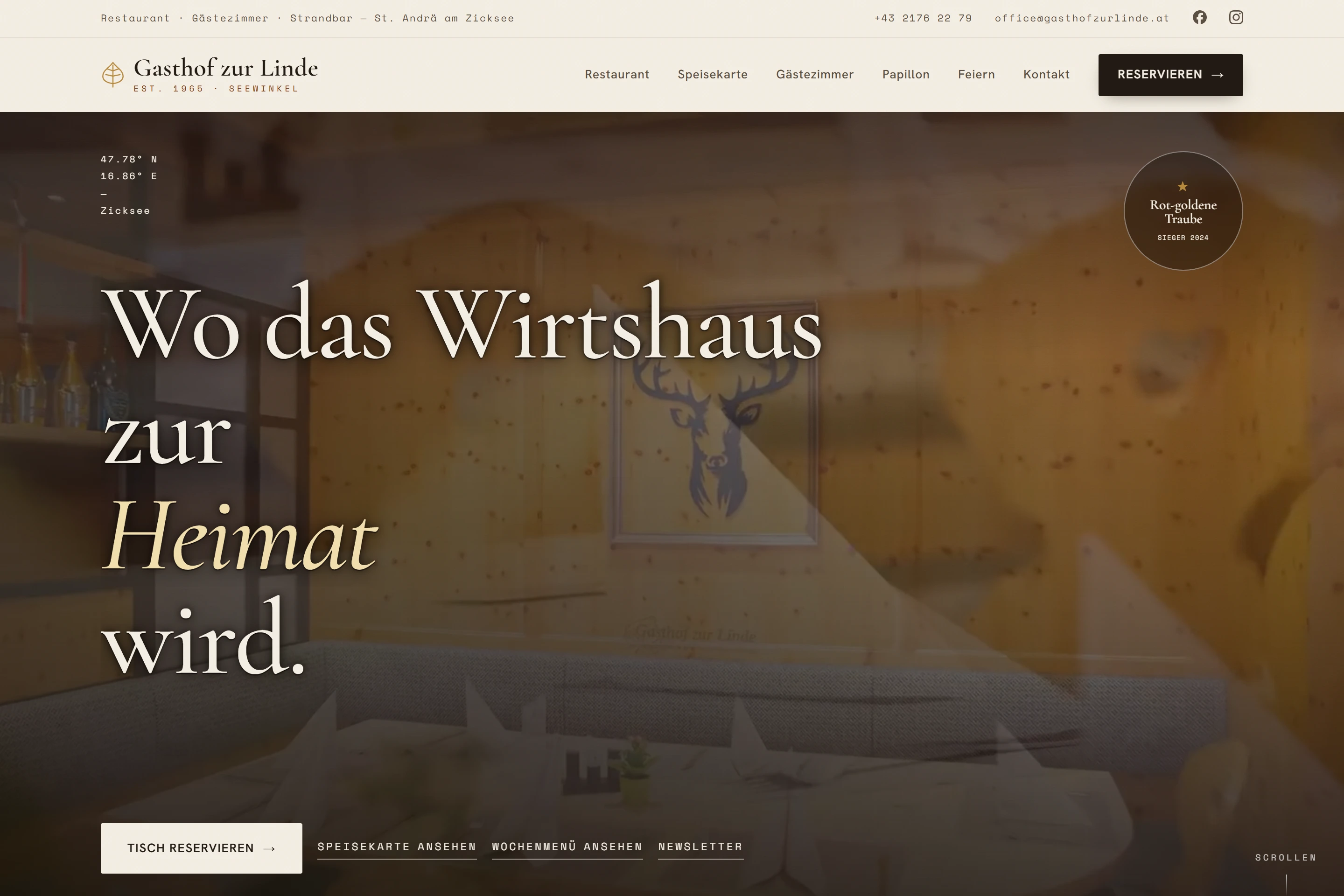 Startseite von gasthofzurlinde.at: Wirtshaus-Motiv mit der Zeile „Wo das Wirtshaus zur Heimat wird.“