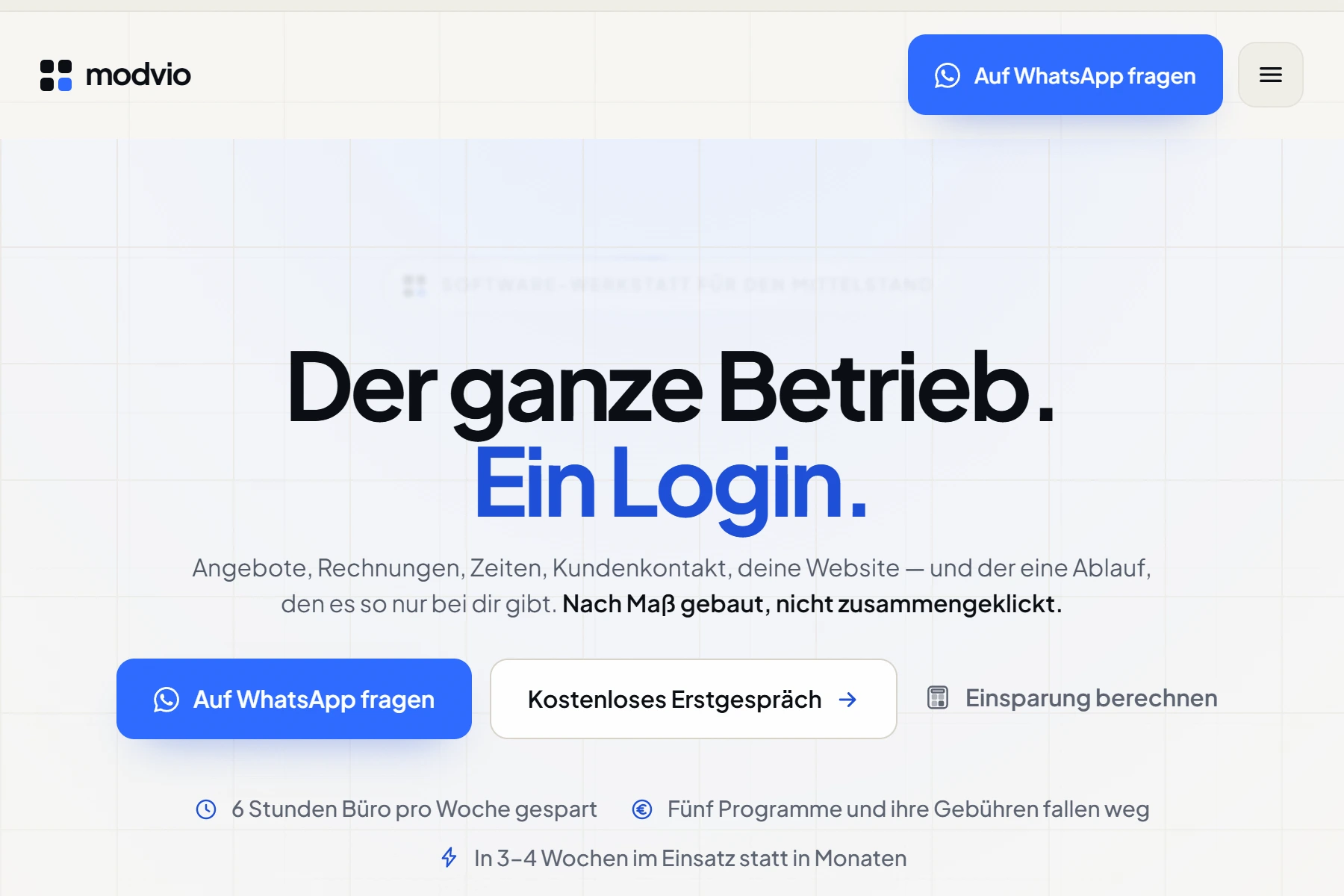 Startseite von modvio.de: „Der ganze Betrieb. Ein Login.