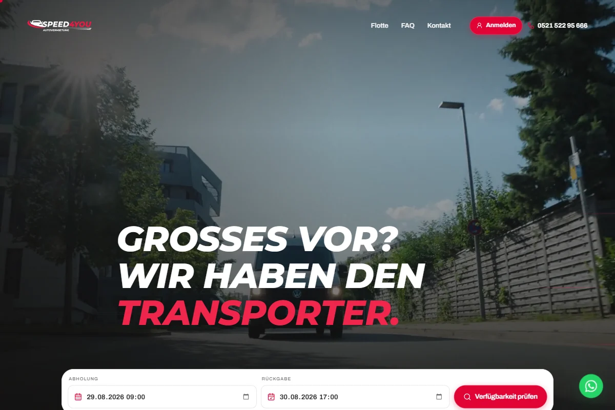 Startseite von speed4you-autovermietung.de: Transporter vor einem Bürogebäude, darunter die Verfügbarkeitssuche