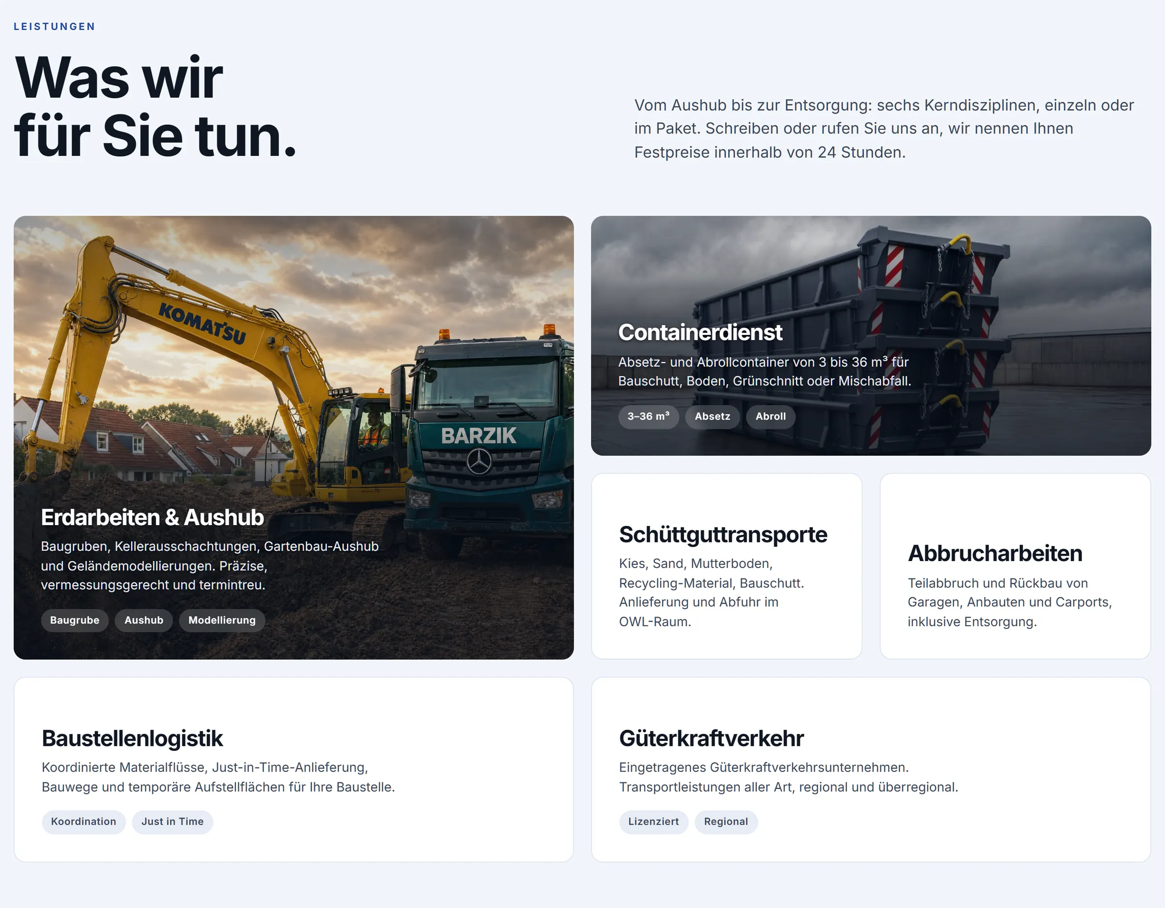 Sechs Leistungen auf einer Fläche.