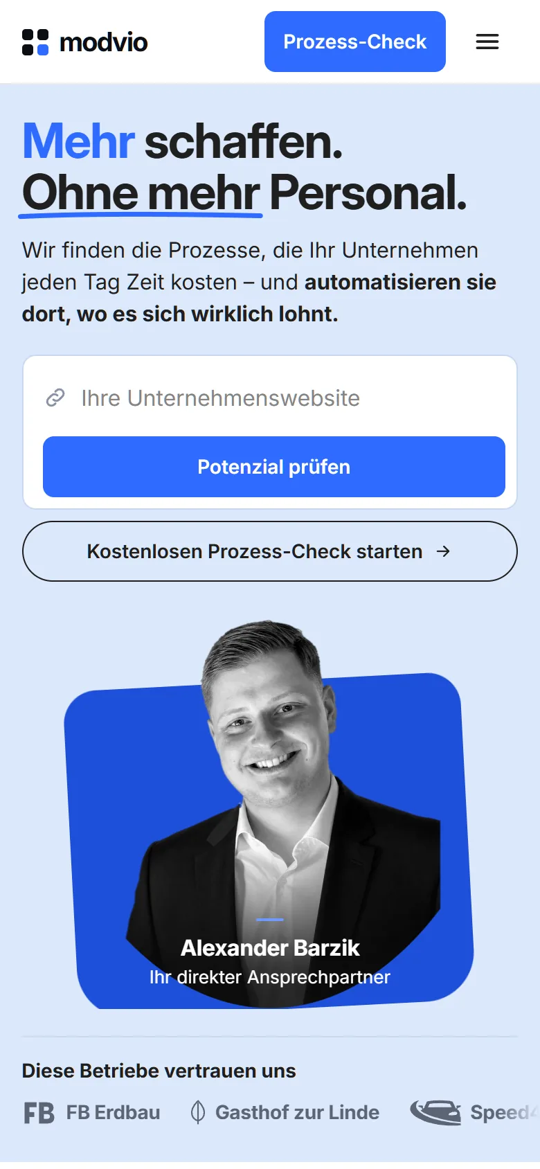 modvio, Startseite am Handy