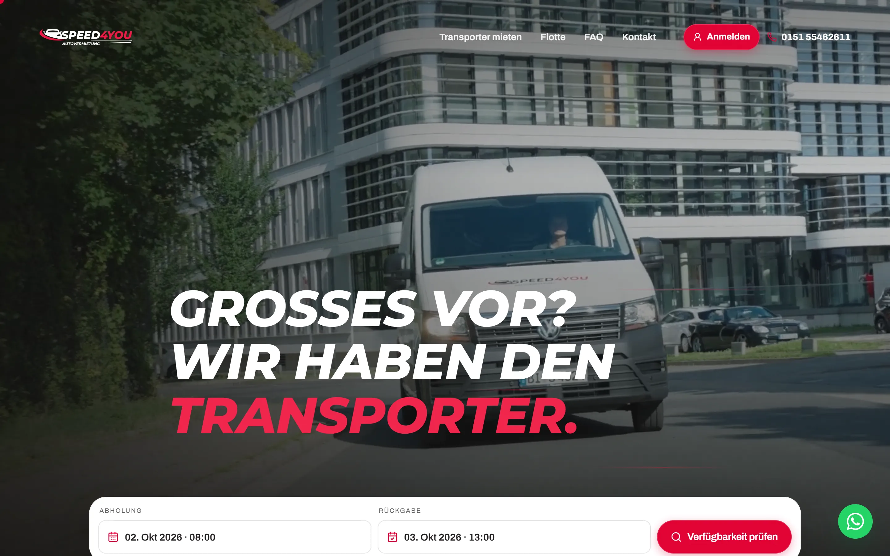 Startseite von Speed4You mit Abholung, Rückgabe und Verfügbarkeitsprüfung
